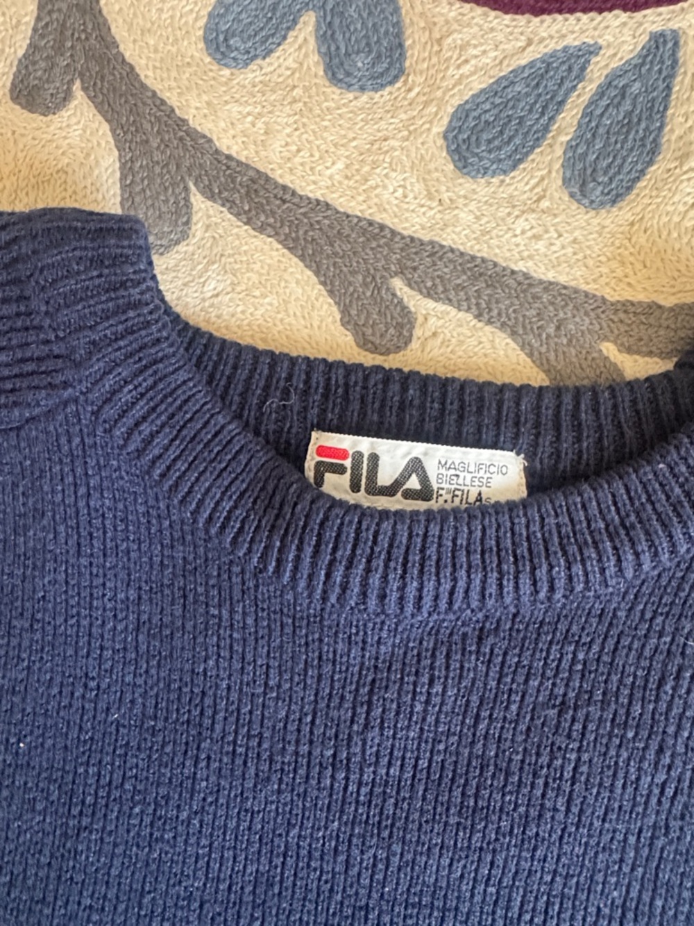 Fila navy blue Crewneck Sweater with Red & White Sleeve Stripes - Picture 3 of 3